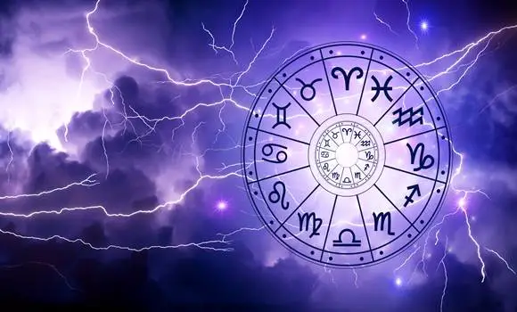 Zodiac signs inside of horoscope circle. Astrology in the sky with many stars and moons astrology and horoscopes concept