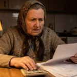 Egy idős hölgy számológéppel és papírokkal számolja a várható 14. havi nyugdíj összegét az asztalnál.