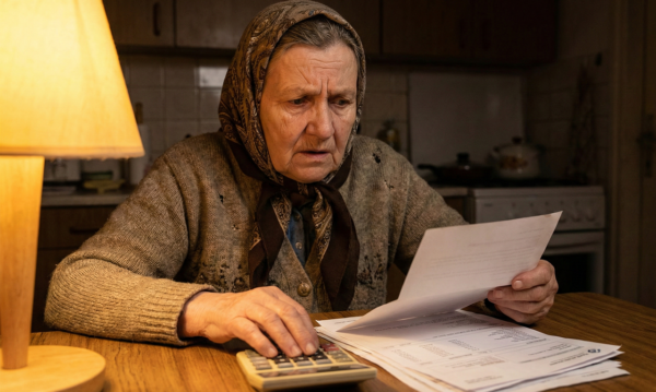 Egy idős hölgy számológéppel és papírokkal számolja a várható 14. havi nyugdíj összegét az asztalnál.