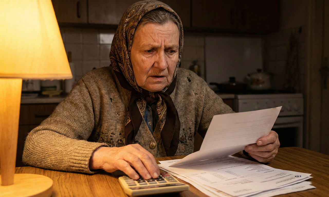Egy idős hölgy számológéppel és papírokkal számolja a várható 14. havi nyugdíj összegét az asztalnál.