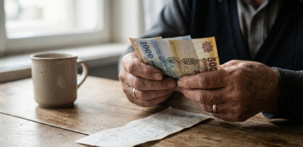 Idős ember Forint bankjegyeket számol egy konyhaasztalnál a legfrissebb átlagnyugdíj adatok kapcsán.