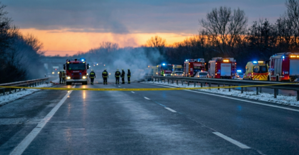 M6-os lezárás Besnyőnél: tűzoltók dolgoznak a gázpalackos baleset helyszínén.