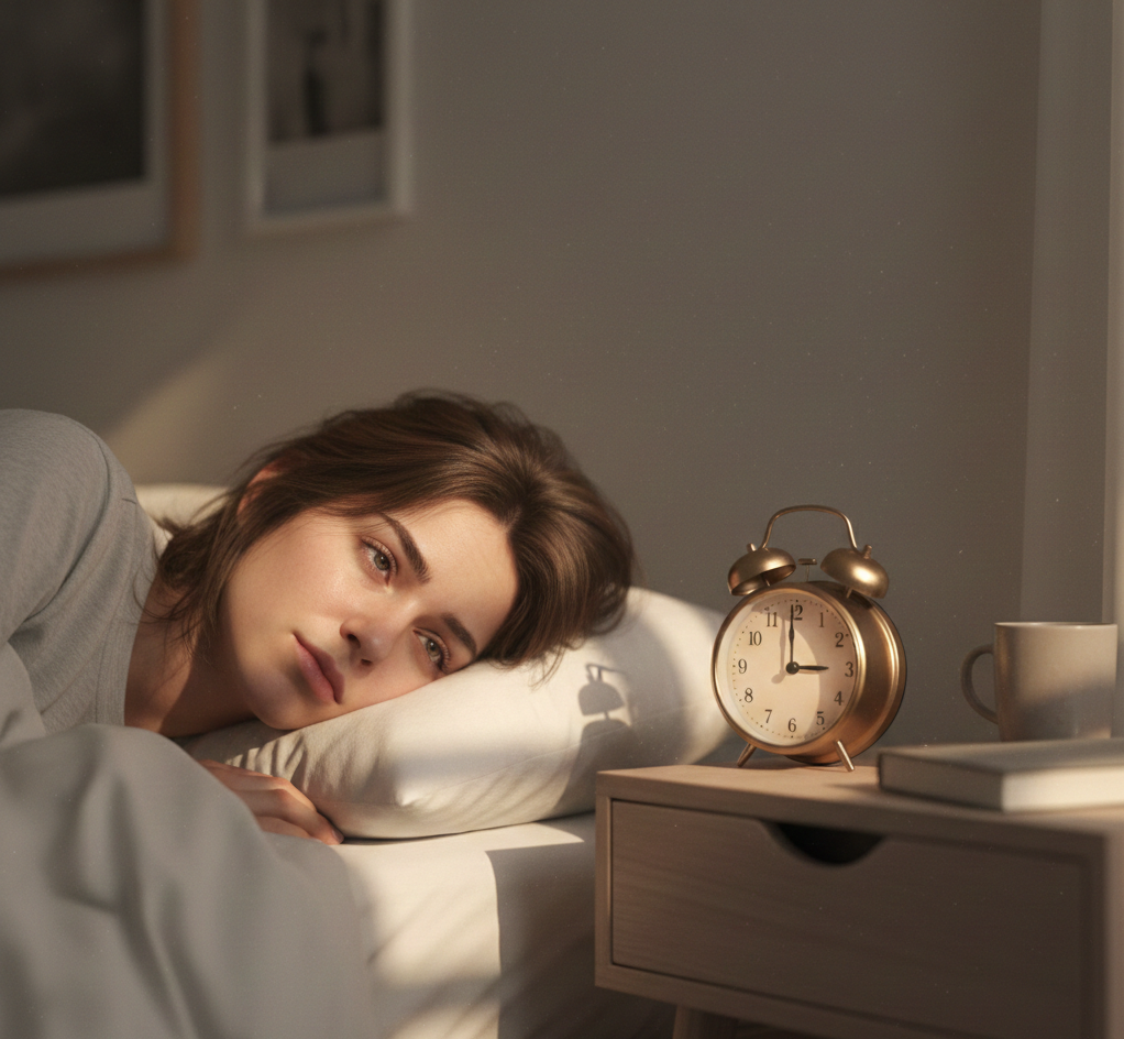 Egy ébresztőóra mellett pihenő ember, akit érint a rendszertelen alvás káros hatása.