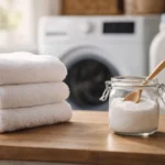 Puha fehér törölközők és citromsav egy üvegben a mosógép mellett, természetes öblítés