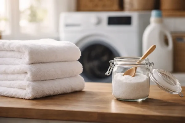 Puha fehér törölközők és citromsav egy üvegben a mosógép mellett, természetes öblítés