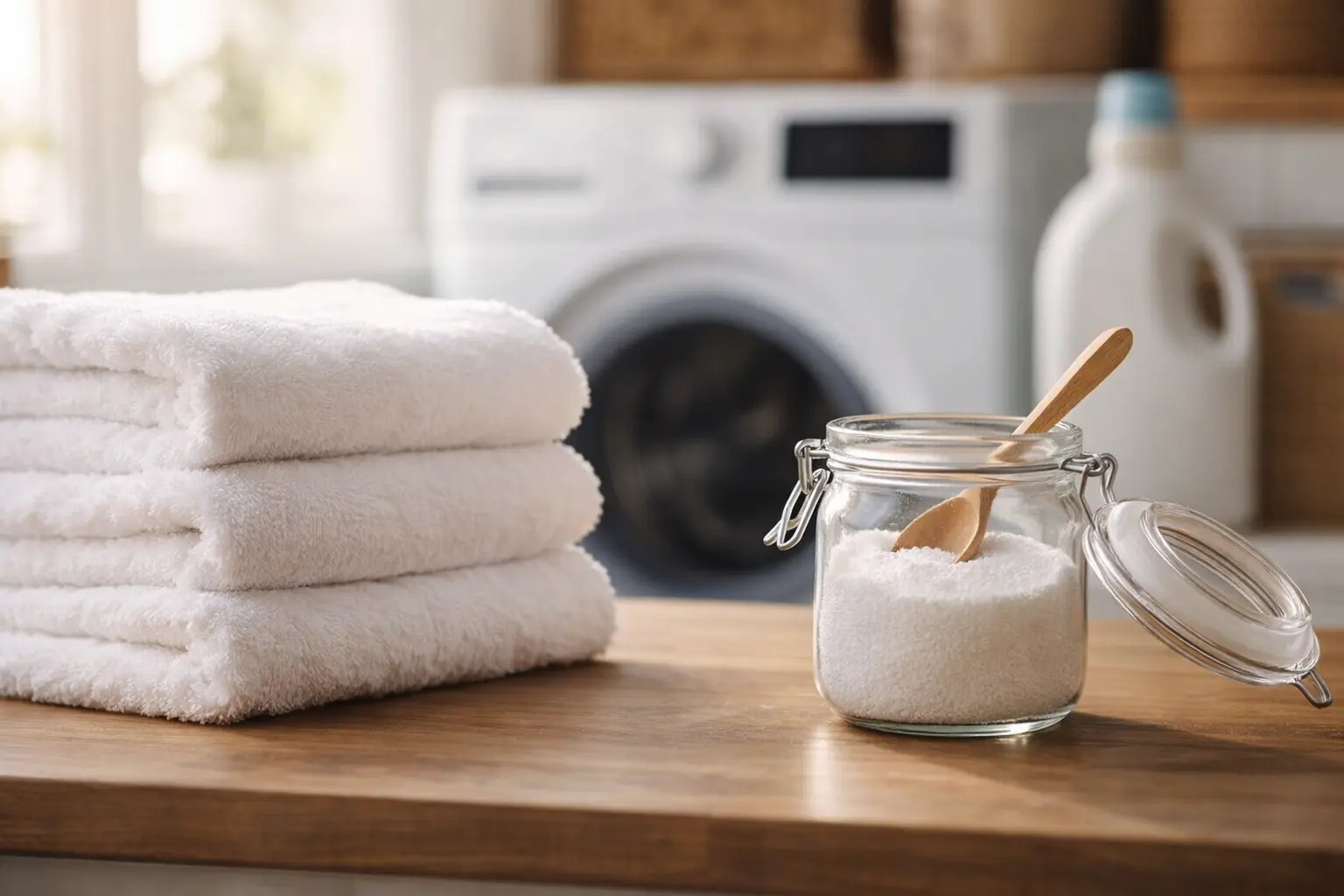 Puha fehér törölközők és citromsav egy üvegben a mosógép mellett, természetes öblítés